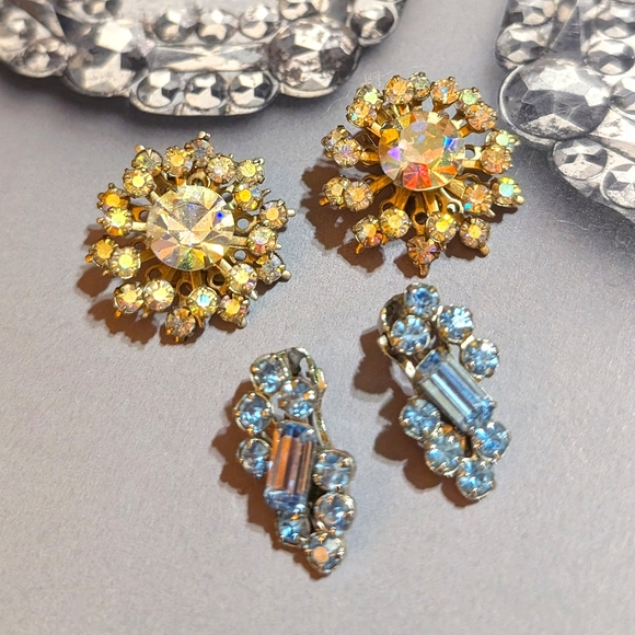 1950s TWO pair Sparkling Rhinestone Clip Earrings - Picture 3 of 7